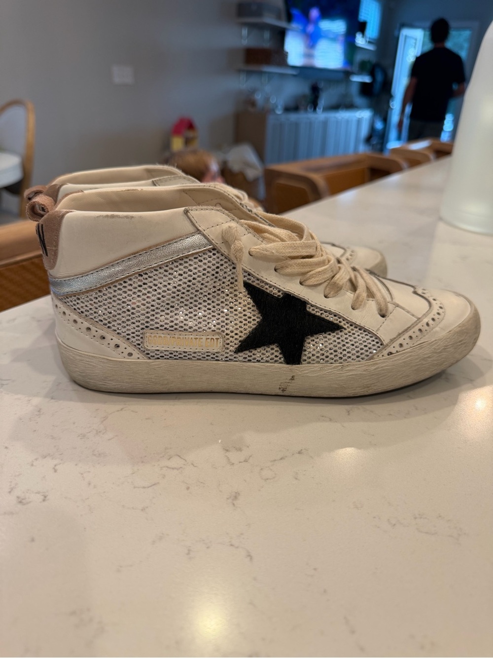Golden Goose White and Black Star Mesh High-Top Sneakers